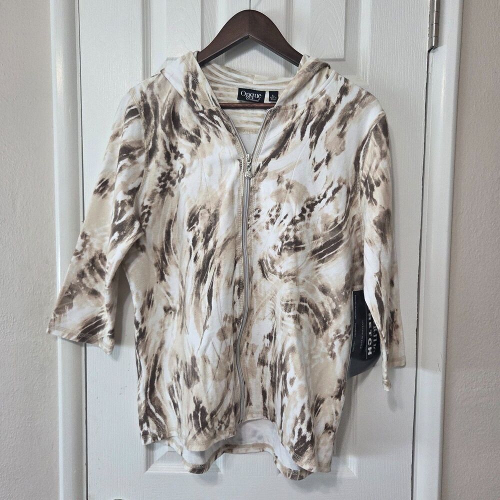 Onque Casuals Hoodie Womens Large Tie Dye Zip Up 3/4 Sleeve Neutral NWT